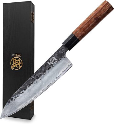 Японський кухонний ніж Mitsumoto Sakari Gyuto 22 см, ручне кування, високовуглецева сталь, дерев'яна ручка, подарункова коробка