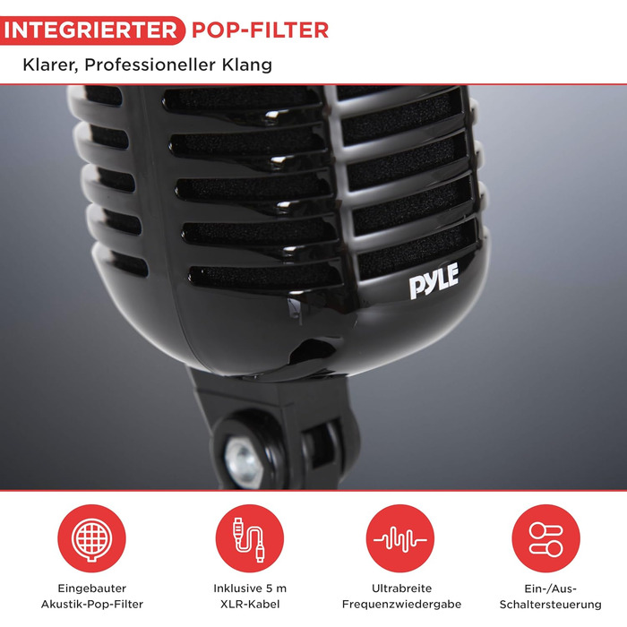 Мікрофон Pyle Динамічний Ретро-стиль, для вокалу та запису, з XLR-кабелем 4.88м, сумісний зі стандартним кріпленням, чорний