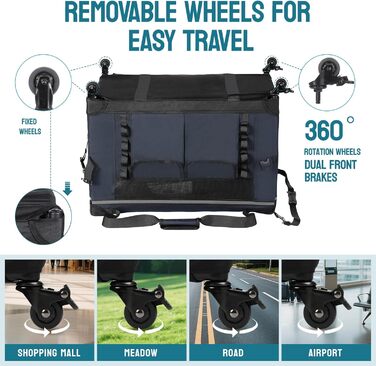 Складана переноска для котів 61 см з колесами - велика переноска для котів та маленьких собак, дихаюча та стійка для подорожей на авто (до 20 кг), морська синя