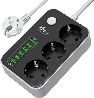 Багаторозкладна мережева панель HULKER з 3 розетками та 6 USB-портами, захист від перенапруги, 1.6 м, універсальна