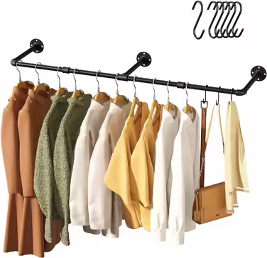 pickpiff Vintage Clothes Rack, 140 cm Industrial Pipe Clothes Hanger for Wall Mounting, Space-Saving, Sturdy Clothes Rail, 1 Pack of 6 S-Hooks