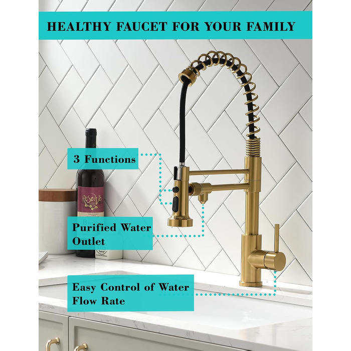 Інфрачервоний сенсорний змішувач для кухні з висувною лійкою, кухонна арматура 360° обертання, змішувач з одним важелем, для мийки, з спіральною пружиною, щіткове золото