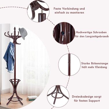 COSTWAY 184cm Wardrobe Rack with Umbrella Holder, Coat Rack with 12 Clothes Hooks, Clothes Rack made of Wood, Freestanding Wardrobe for Entryway, Living Room and Bedroom (Brown)