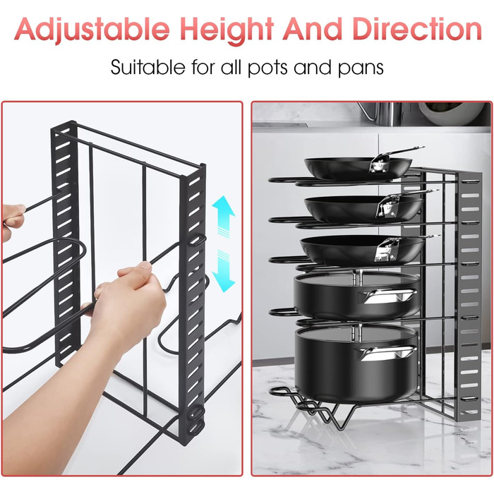 G-TING Pot Rack, 8 Tiers, Pot and Pan Organizer, Adjustable Lid Holders & Pan Rack for Kitchen, Countertop and Cabinet, Lid Organizer for Pots