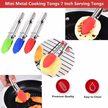 Mini Kitchen Tongs with Silicone Tips, Silicone Serving Tongs with 3 Sets, 17.8 cm, Non-stick Coated Small Tongs with Stainless Steel and Silicone Handles, Heat-resistant Tongs for Cooking, Grilling, Salad