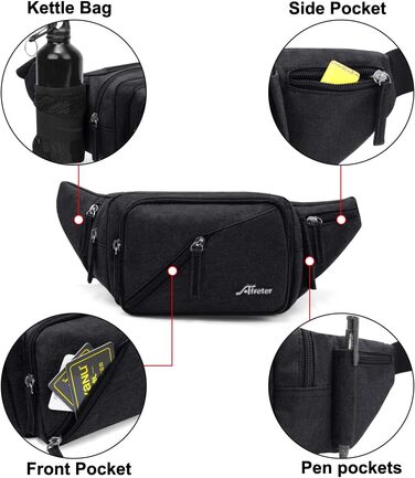 Чоловіча та жіноча поясна сумка на пояс, водонепроникна, з тримачем для пляшки, для туризму, прогулянок з собакою, активного відпочинку (Чорний)