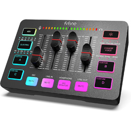 FIFINE ігровий аудіомікшер для ПК, RGB звукова карта для XLR мікрофона, аудіоінтерфейс для стрімінгу та музикантів, мікшерний пульт для геймерів і креаторів, індивідуальне керування, зміна голосу, чорний