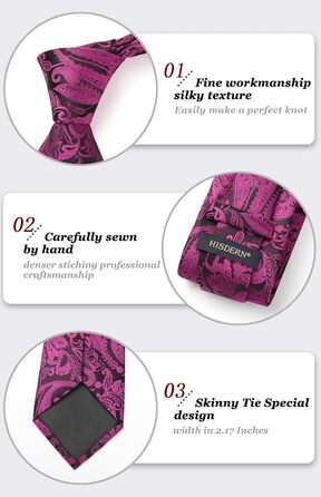 Краватка чоловіча HISDERN 160 см, екстра-довга з нагрудником, для весілля та ділових зустрічей, шовкова, елегантна (фуксія, візерунок пейслі)
