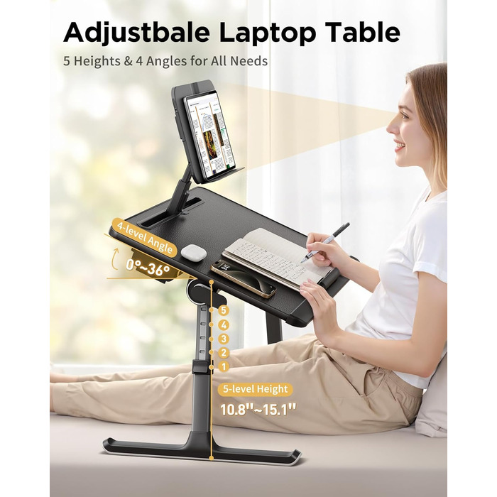 SAIJI Стіл для ноутбука [Преміум XXL Extra Groß] з регульованим підсвіткою, багатофункціональний стіл для ліжка Преміум-класу, складний стіл для ноутбука з ящиком (Темно-чорний)