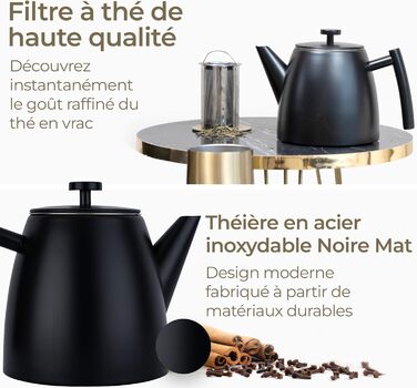 Teapot | Stainless Steel 1L | Teapot with Infuser | Stainless Steel Teapot | Stove for Teapot | Teapot with Stove | Tea Maker | Double-Walled (Black)