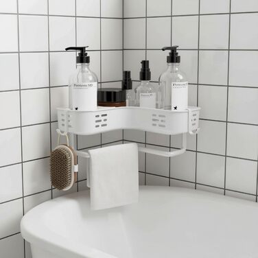 Поличка для душу без свердління, кутова, для ванної кімнати, органайзер, з 2 гачками (біла)