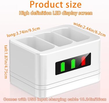 Зарядний пристрій для акумуляторів Ring (3 шт., 3.65V, 6040mAh) з LED-дисплеєм та Type-C кабелем, сумісний з Ring 2/3/4/Plus/Spotlight/Stick Up Cam