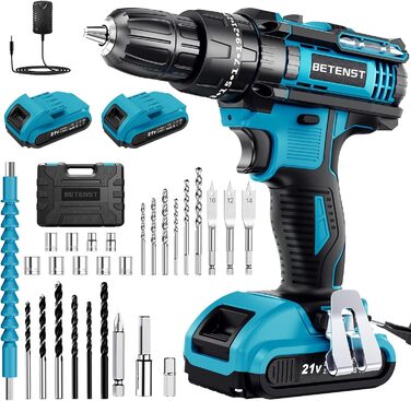 Акумуляторний шуруповерт BETENST 21V з 2 акумуляторами 2.0Ah, 42Nm, 25+3 ступені крутного моменту, 2 швидкості, LED-ліхтар, 30-ти елементний набір для дому та саду, DIY проєкти, блакитний