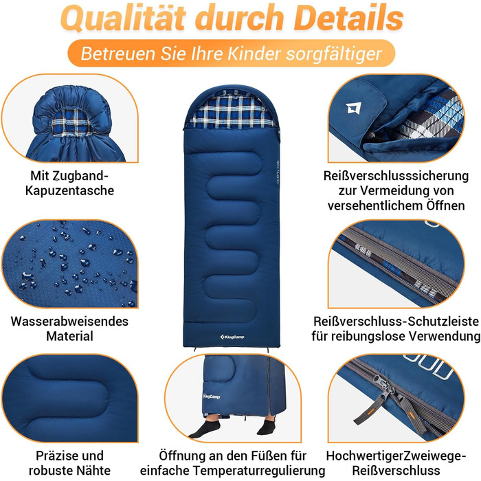 KingCamp Kids Sleeping Bag - Winter Warmth & 3-4 Season Comfort for Camping & Trekking - 170x70cm, 7°C Rating