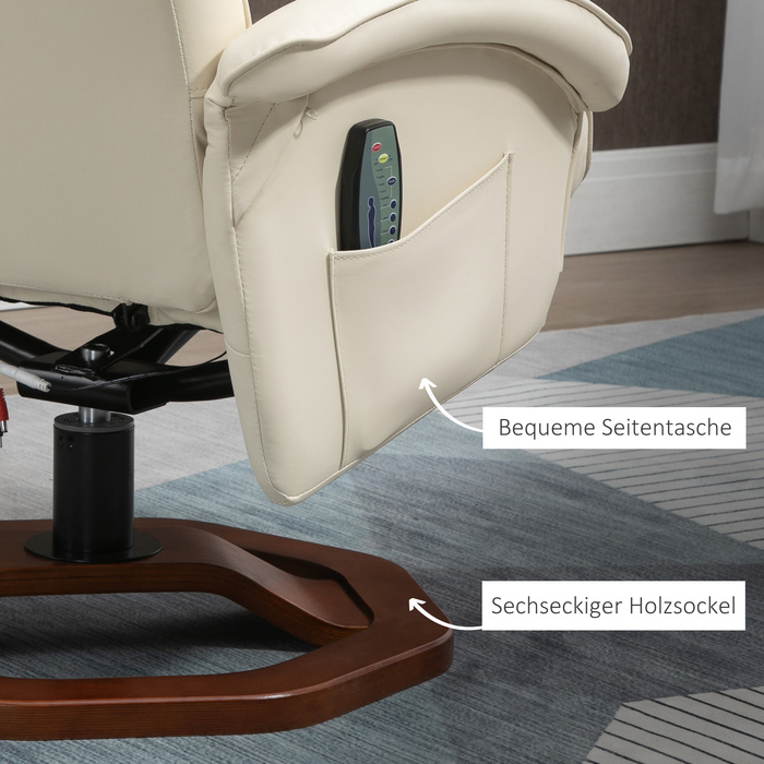 HOMCOM Massage Recliner with Footrest, 360° Swivel, Faux Leather, Steel, Cream White/Brown, 73x83x106cm for Ultimate Comfort