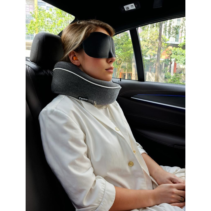 Подушка для шиї, туристична, з піною з пам'яті, для авто, поїздів та літаків, комплект з маскою для очей та берушами (темно-сіра)