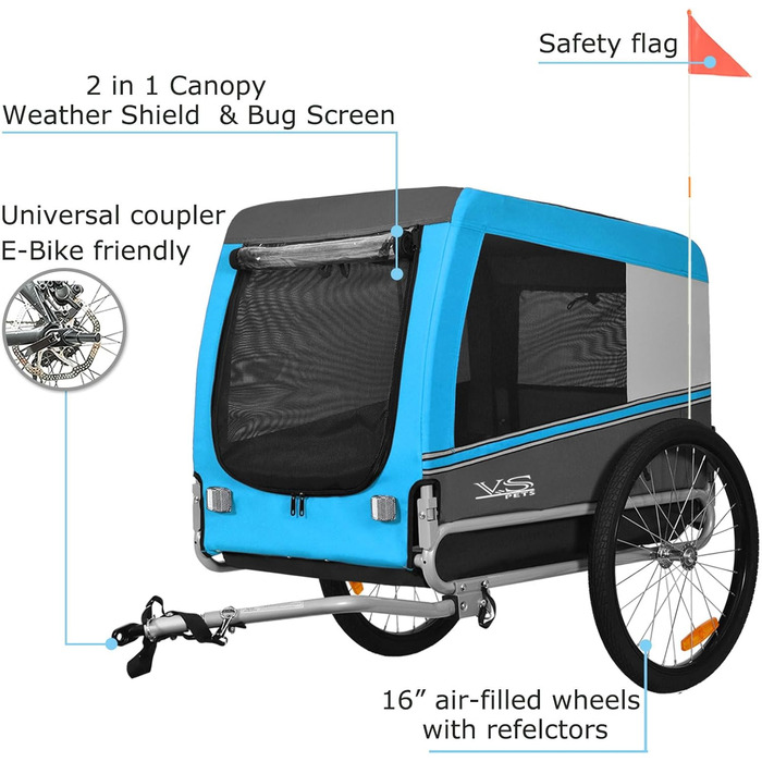 Тігго VS Pets L: великий велосипедний причіп для собак, 270л, для собак середнього та великого розміру до 35 кг, складаний, блакитний