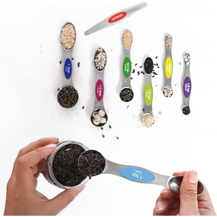 Multicolor magnetic measuring spoon set with leveler, stainless steel, stackable, fits spice jars – for baking and kitchen use