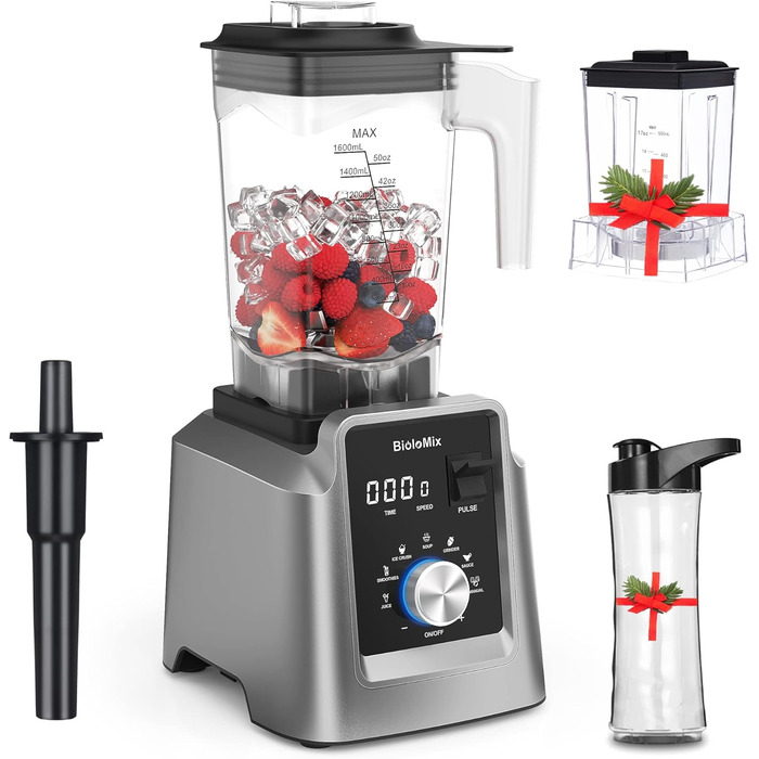 BioloMix High-Performance Blender 2200W, Self-Cleaning Function, Stand Mixer 2L Container and 600 ml Travel Cup BPA Free. Smoothie Mixer (T5600, Grey) T5600 Grey