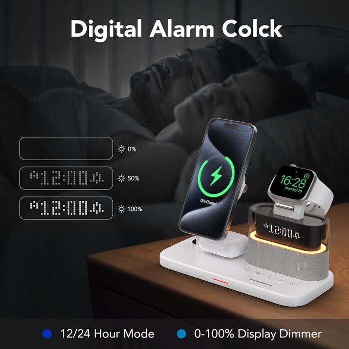 Багатофункціональна бездротова зарядка 5 в 1 з годинником для Apple iPhone, Apple Watch, AirPods (біла)