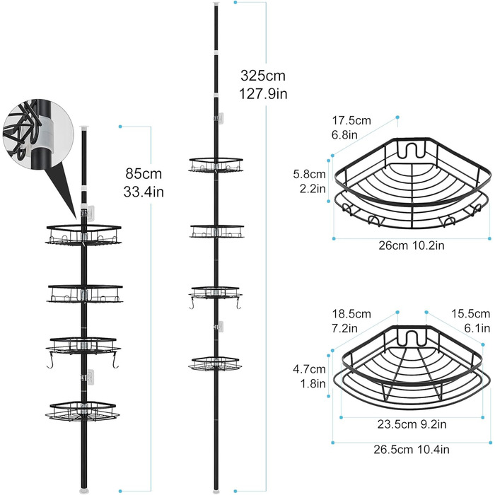 DUFU Shower Shelf Telescopic, No Drilling Required, with 4 Shower Basket, Corner, Non-Slip, Stable Bathroom Shelf Made of Metal, Height Adjustable 85-325cm, Telescopic Shelf, Black