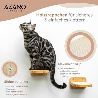 AZANO® Cat Wall | XL Cat Hammock [Extra Stable and Large] with Cat Ladder for the Wall | Cat Ladder with Sleeping Place | Climbing Cat Bed Made of Natural Wood | 3-Piece (with Steps)