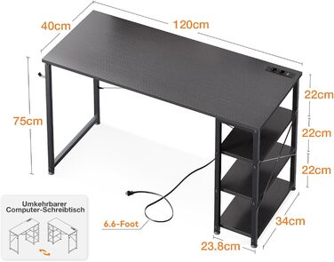 Письмовий стіл ODK 120x40x75 см з розетками та USB, комп'ютерний стіл із реверсивною полицею для офісу та вітальні, коричневий