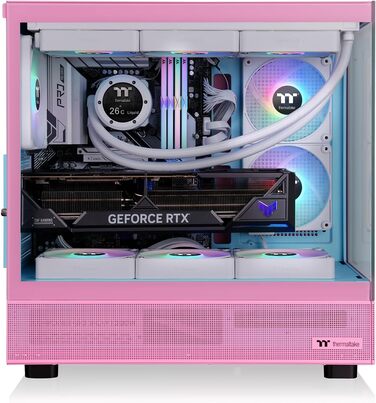 Thermaltake View 270 Plus WS: Корпус ПК Midi-Tower ATX з темперованим склом, дерево, 3х120мм ARGB вентилятори, USB-C, підтримка 360мм радіатора, білий (Bubble Pink)
