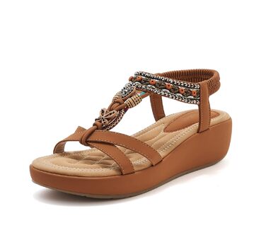 Босоніжки жіночі літні богемні на танкетці Keilsandalen, коричневі 42 EU, з камінням та перлами, 5 см
