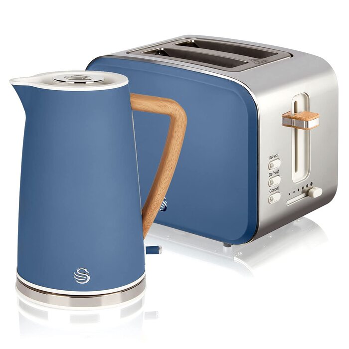 Набір для сніданку Swan Nordic: чайник 1,7 л, тостер на 2 тости, 2200 Вт, блакитний, з дизайном під дерево