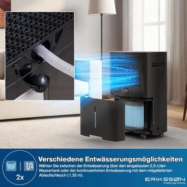 Зволожувач повітря Erikssøn з LED-дисплеєм, таймером та захистом для дітей | видаляє 20 л вологи на добу | для приміщень до 175 м³ | енергоефективний, з датчиком вологості, чорний