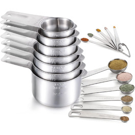 Stainless steel measuring cup and spoon set includes 7 measuring cups and 6 measuring spoons, 5 mini measuring spoons for baking & cooking, kitchen measuring tools
