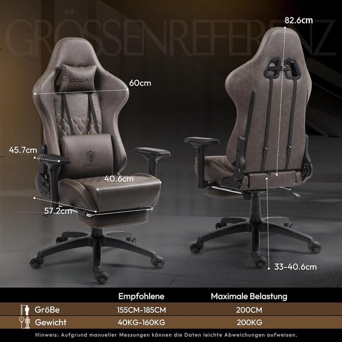 Ігровий крісло Dowinx з PU шкіри, масажна поперекова підтримка та підніжка, регулювання 90°-170°, до 200 кг, для дому та геймінгу (колір: коричневий, 4D)