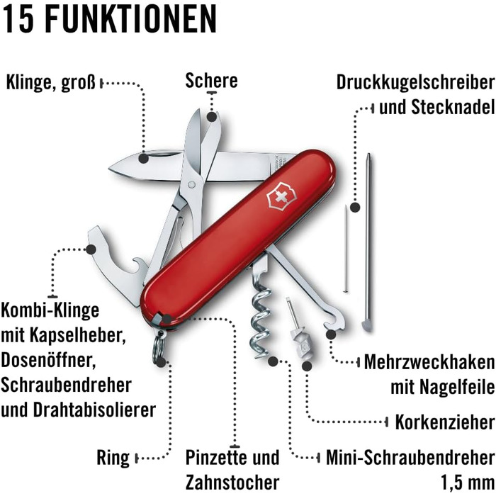 Мультитул Victorinox Compact - Швейцарський ніж, 15 функцій, Swiss Made, з лезом та міні-викруткою