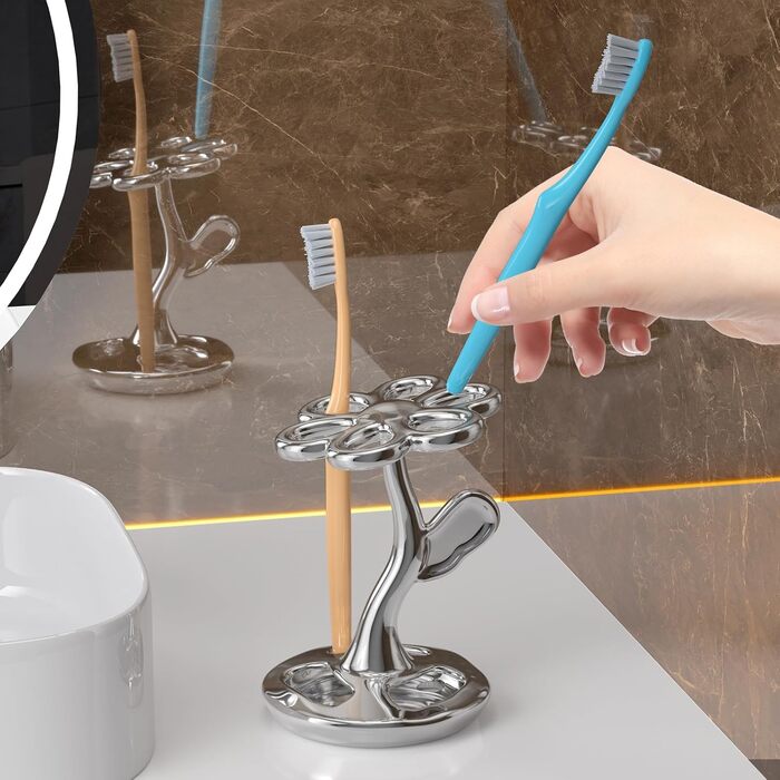 Тримач для зубних щіток та пензлів з кераміки, 6 відділень, срібний