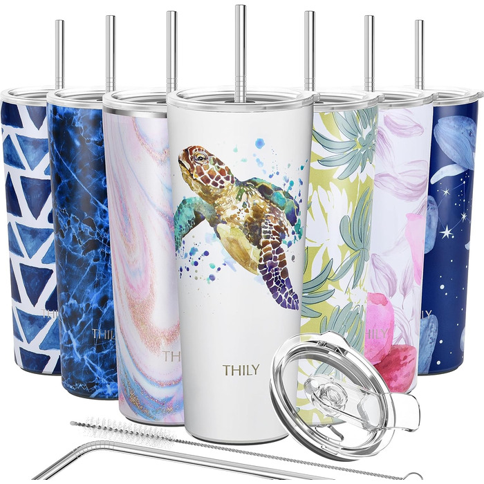 Термос THILY 780 мл з нержавіючої сталі, 2 шт. (Золотий мармур + Синій мармур) – ізольований, з кришкою, для кави та напоїв