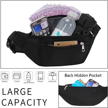 Чоловіча та жіноча поясна сумка на пояс, бананка, водонепроникна, для спорту, подорожей, кемпінгу, фітнесу, бігу (чорна)