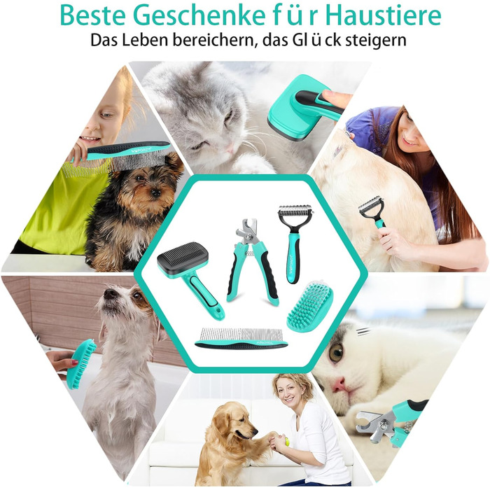 Щітка для собак і котів, самоочисна, для вичісування підшерстка та відмерлого волосся, ідеальна для довгошерстих та короткошерстих порід, делікатна до шкіри, зменшує випадіння шерсті, синя (зелена - набір 5 в 1)