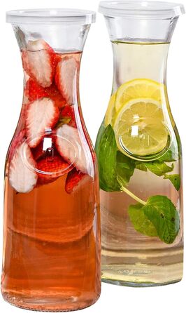 Glass Carafe Style 1 Liter with Lid for 1 Liter (2), Water, Juice, Tall Slim Neck Design, 935 ml, 2 Pieces, Transparent