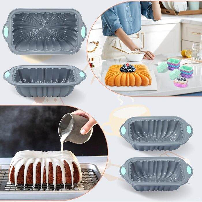 Encounter 28-Piece Silicone Baking Molds Set, Non-Stick Silicone 4/6/8 Cup Toast Pan, Silicone Mold for Bread, Meatloaf, Cake, with 24 Pack Reusable Baking Cups, Light Grey