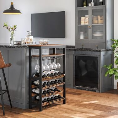SONGMICS Wine Rack, for 24 Wine Bottles, Freestanding, Bottle Rack with Glass Holders, for Kitchen, Bar, Dining Room, vintage brown-black KWR028B01