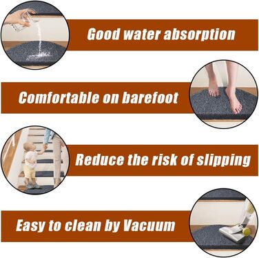 Rina Non-Slip Stair Treads - 15 Piece Set - 22x65 cm - Grey Adhesive Anti-Slip Rugs for Wooden Stairs - Indoor Safety