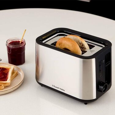 Тостер Russell Hobbs Textures+ з широкими слотами, підставка для бургерів, щипці, 6 рівнів підсмажування, розморожування та підігріву, 850W, 22601-56, нержавіюча сталь, 2 відсіки