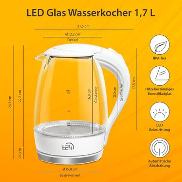 Скляний електрочайник T24 79020 з LED-підсвіткою, 1.7 л, 2200 Вт, захист від википання, без BPA, білий
