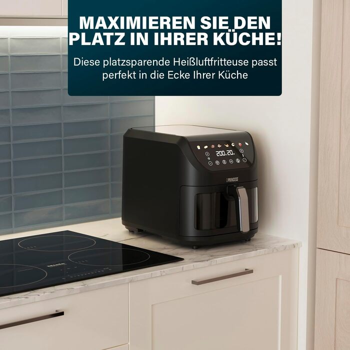Princess SlimFry Hot Air Fryer 8 L, space-saving, fat-free cooking technology, 8 programs, viewing window, powerful (2000 W) and quiet operation (55 db), Black, Airfryer 01.182258.01.001 COMPACT, SLIM DESIGN 8L