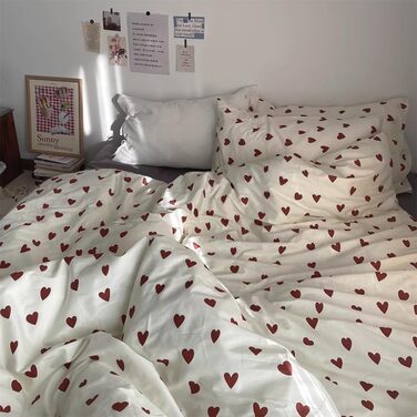 Ashanlan Bedding Set 220x240 Cotton Hearts Red White Duvet Cover Aesthetic Heart Pattern Bedding Set and 2 Pillowcases 80x80 cm Double Bed with Zipper Red Hearts 220x240cm+2x80x80cm