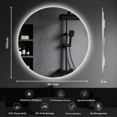 Дзеркало для ванної кімнати з підсвічуванням LED, антизапотівання, сенсорне управління, регулювання яскравості, 3 кольори світла, функція пам'яті, захист від вибуху, кругле дзеркало 50 см (діаметр), 60x60 см (розміри)