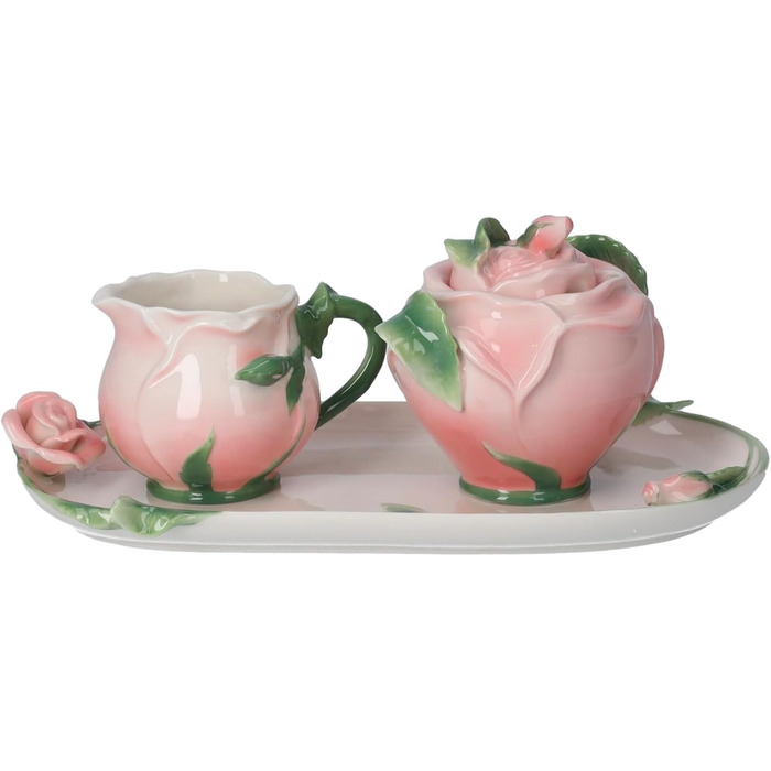 Keyhome store - Set of Milk Jug and Sugar Bowl in Ceramic, pink with box and tray, ideal for coffee breaks - Milk Jug 7 x 11 cm - Sugar Bowl 11 x 13 cm