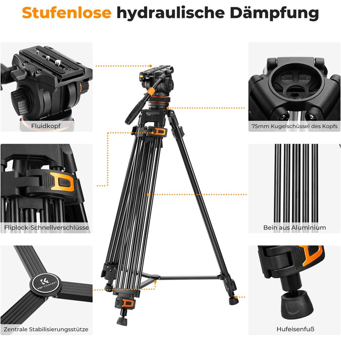 Штатив для камери K&F CONCEPT VA3+BV20: відео штатив з поворотним кріпленням, 184 см, для DSLR, відеокамер