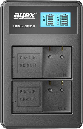 Зарядний пристрій USB Dual для акумуляторів Nikon EN-EL15 (Z7 II, Z6 II, Z5, D850, D780, D750, D600) з LCD-дисплеєм